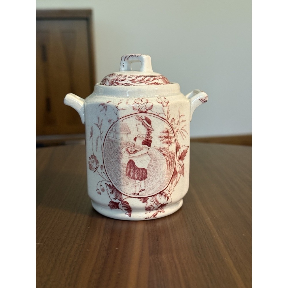 Antique Child Tea Set Biscuit Jar Little Mae In Apron Staffordshire England 1880